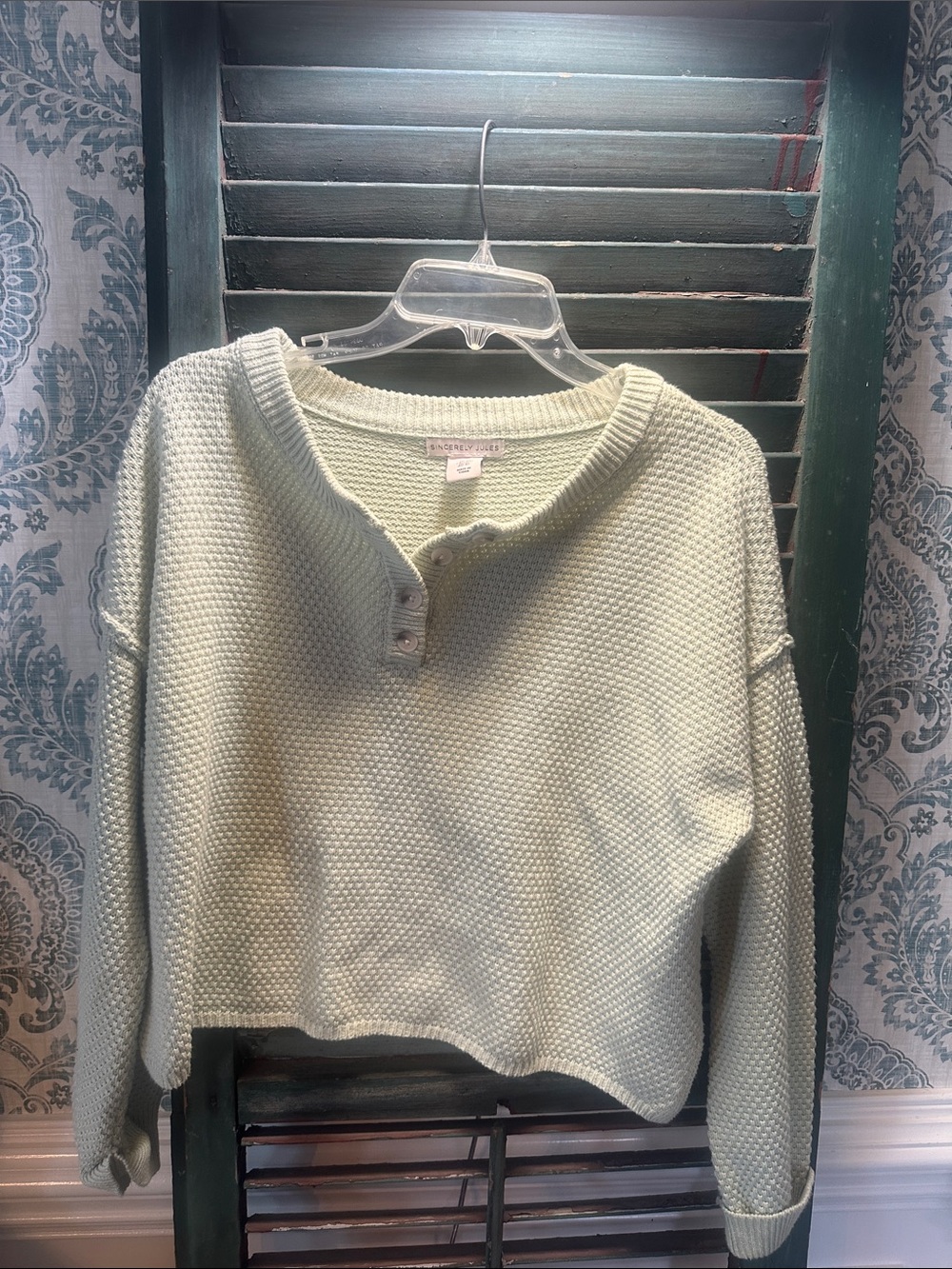 Women's Light Mint Green Textured Button Henley Sweater